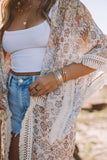 Tassel Trim Split Sleeve Boho Print Kimono