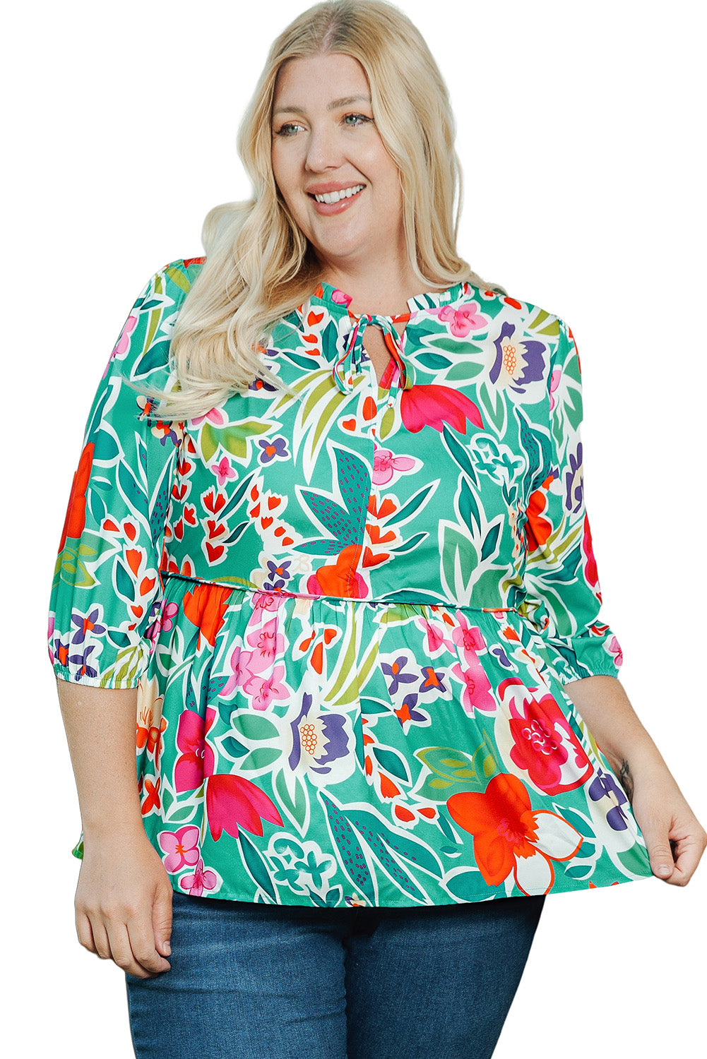 Floral Tie Split Neck Plus Size Peplum Blouse