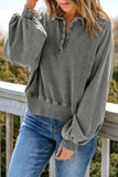 Black Washed Snap Buttons Lantern Sleeve Pullover Sweatshirt