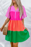 Multicolor Crinkle Bubble Sleeve Color Block Blouse