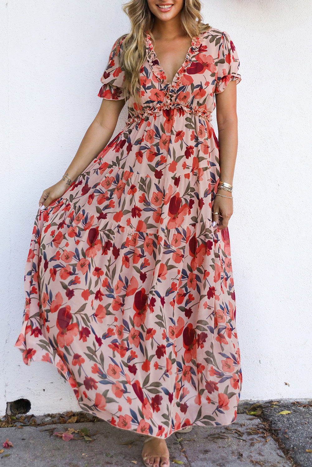 Floral Print Frilled V Neck Short Sleeve Maxi Dress