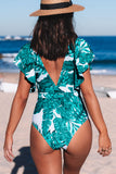 Sexy Deep V Neck Floral Print Ruffles One Piece Swimwear