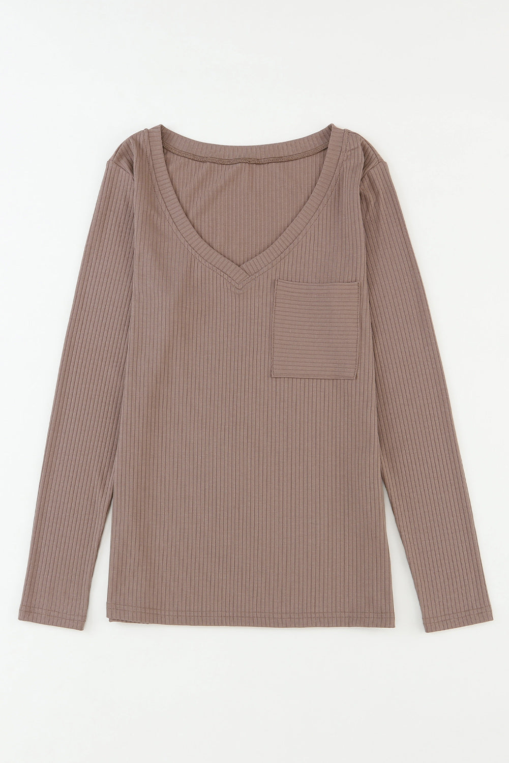 Ribbed Knit Patched Chest Pocket V Neck Top