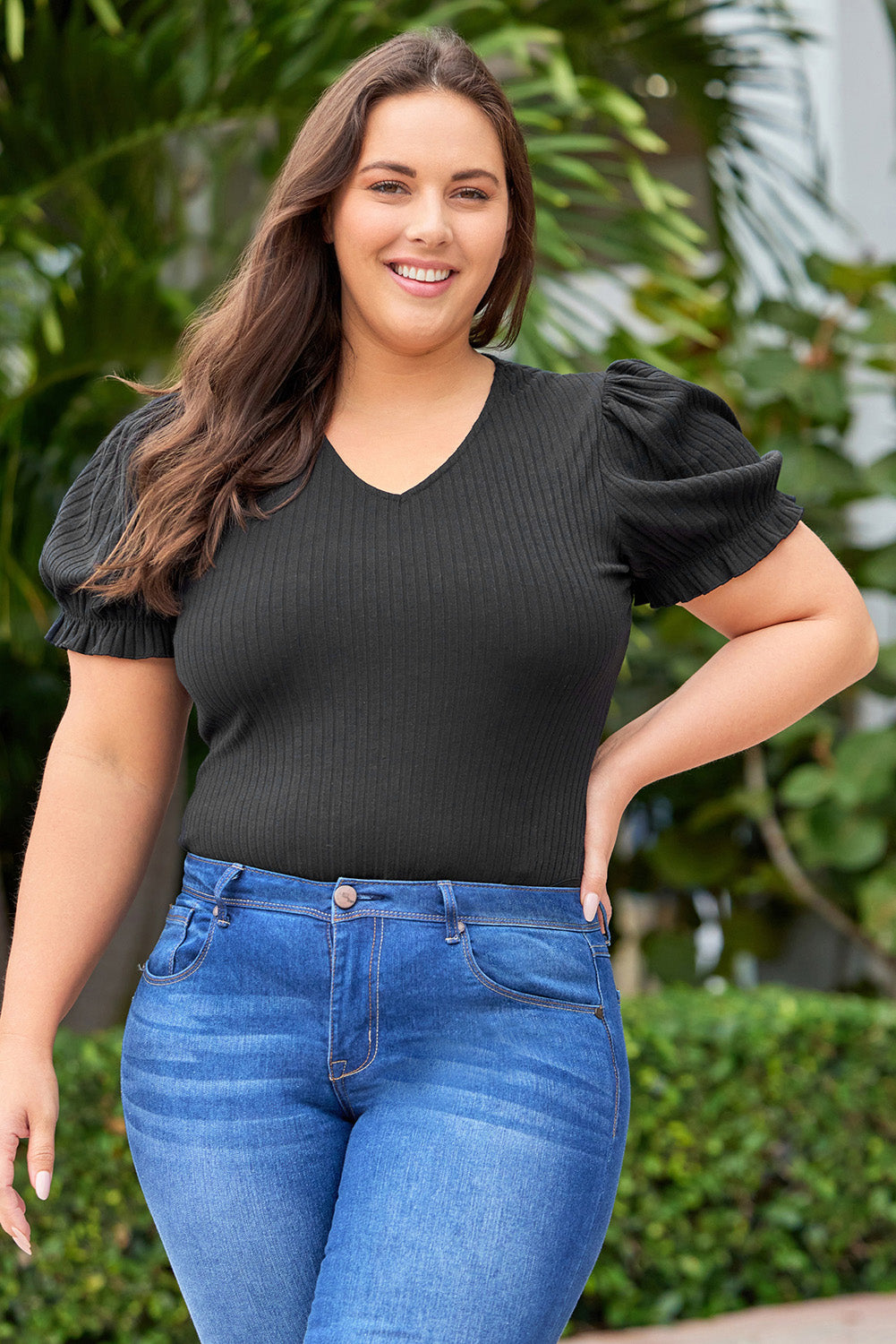 Plus Size Ribbed Knit Puff Sleeve Bodysuit