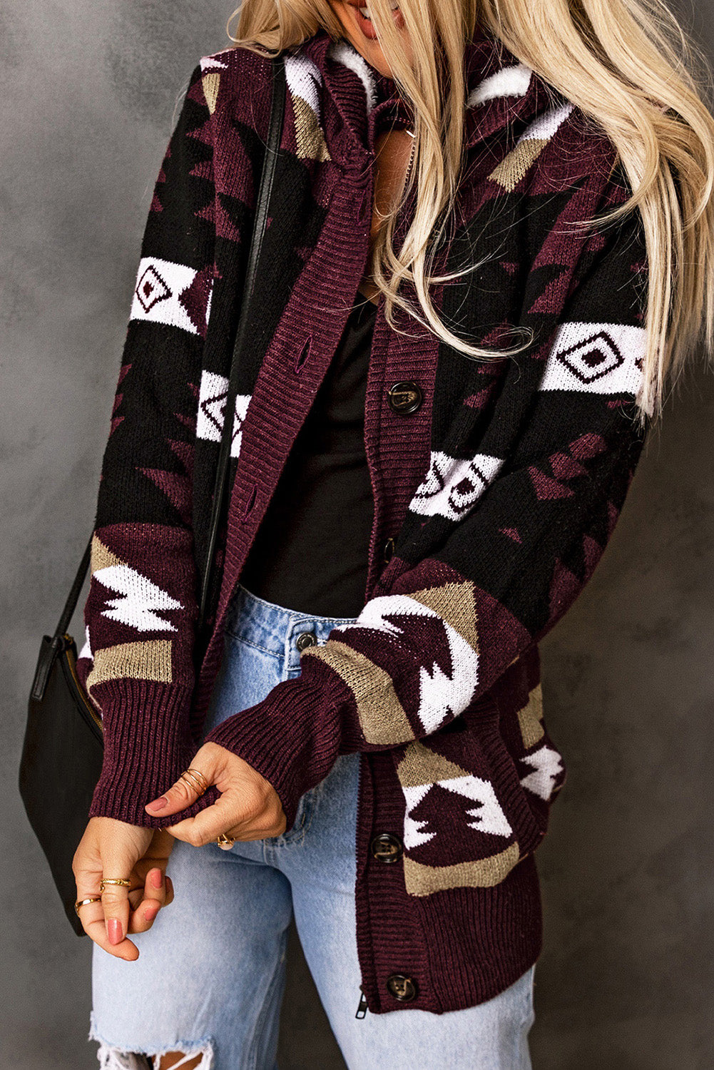 Wine Retro Jacquard Pattern Buttoned Front Hooded Sweater