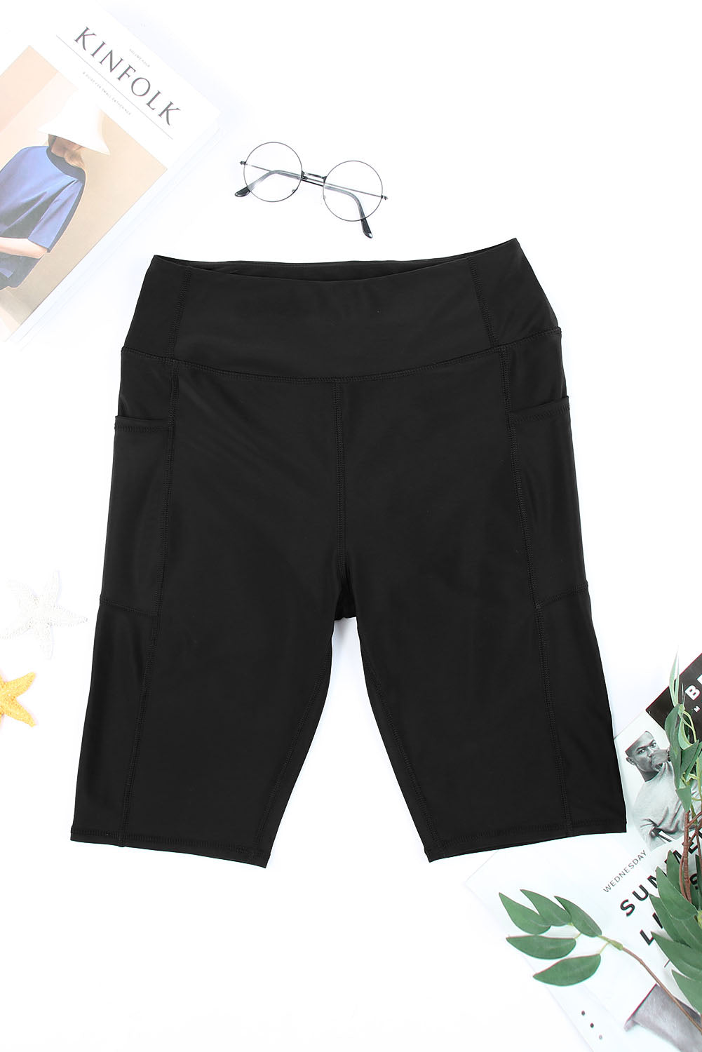 Solid Side Pockets High Waist Swim Shorts