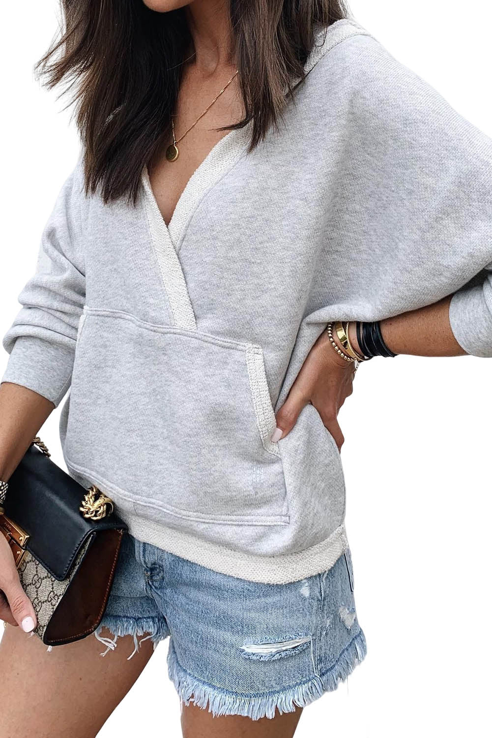 Contrast Trim V Neck Wrap Sweatshirt with Pocket