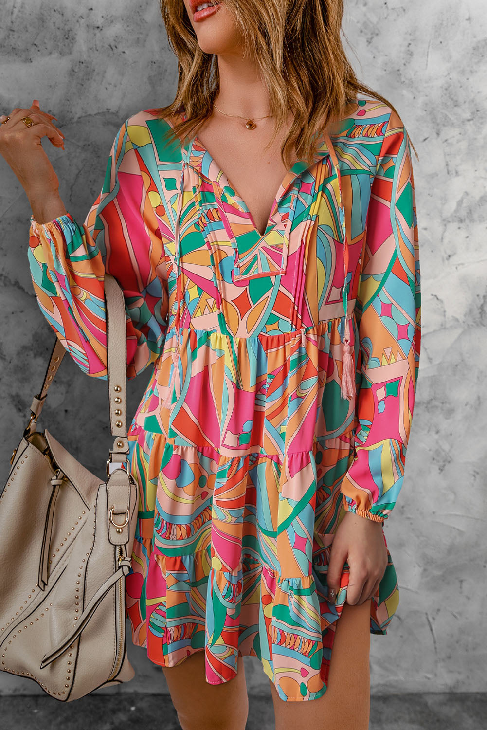 Abstract Geometry Print Half Puff Sleeve Loose Shirt