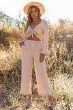 Puff Sleeve Knotted Crop Top and Cropped Pants Set