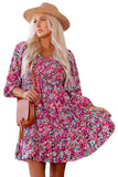 Smocked V Neck Puffy Sleeve Floral Dress