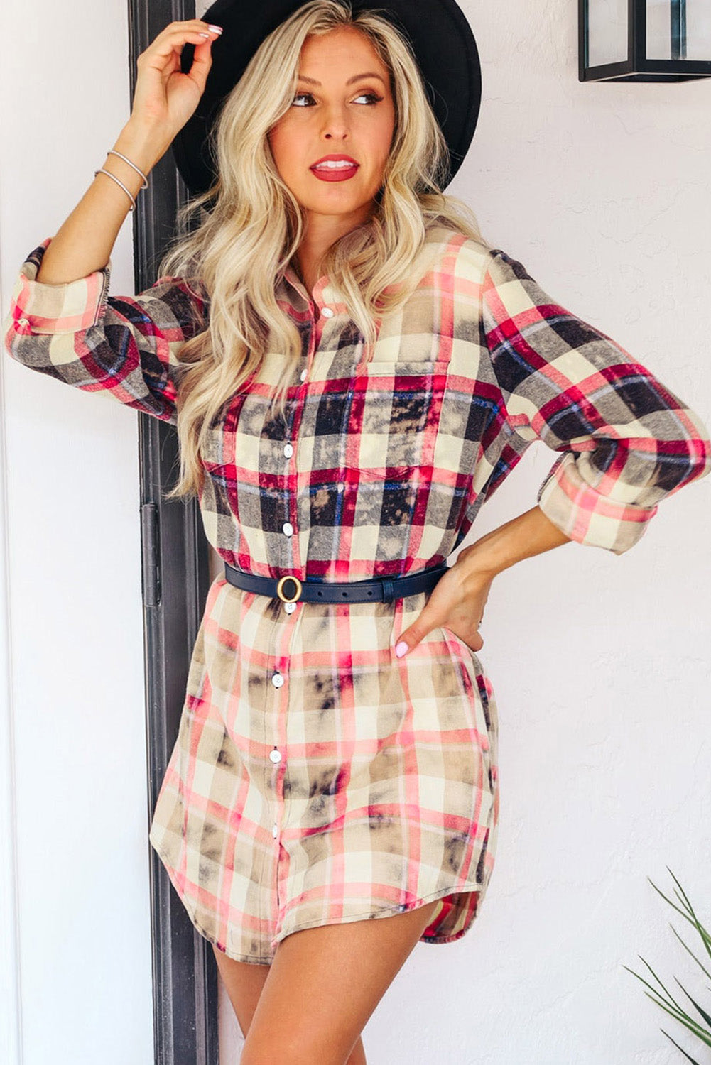 Gradient Plaid Print Shirt Short Dress