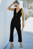 V Neck Button Belted Jumpsuit with Pockets