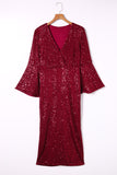 Deep V Neck Bell Sleeve Sequin Dress