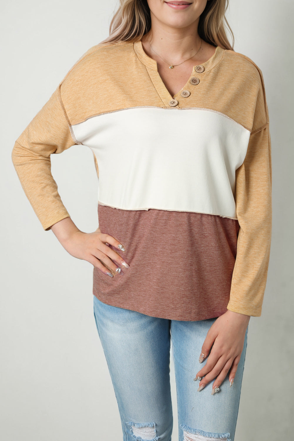 Split V Neck Color Block Henley Top