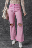 Pink High Waist Rhinestone Cutout Wide Leg Jeans