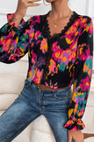 Green Graffiti Printed V Neck Puff Sleeve Blouse