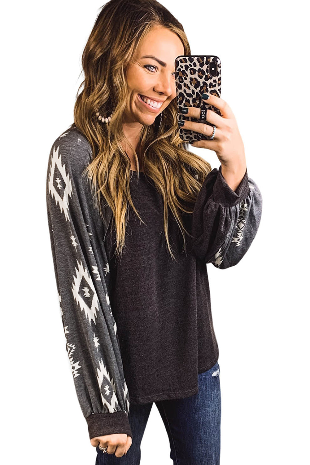 Apricot Western Print Patch Long Sleeve Top