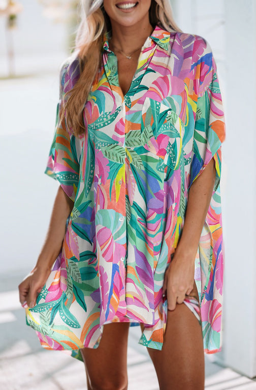 Plant Print Button-up Half Sleeve Beach Cover Up