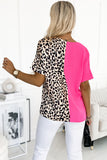 Rose Contrast Leopard Color Block Blouse