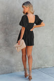 Black Square Neck Ruched Puff Sleeve Romper