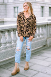 Leopard Split Joint V Neck Long Sleeve Top