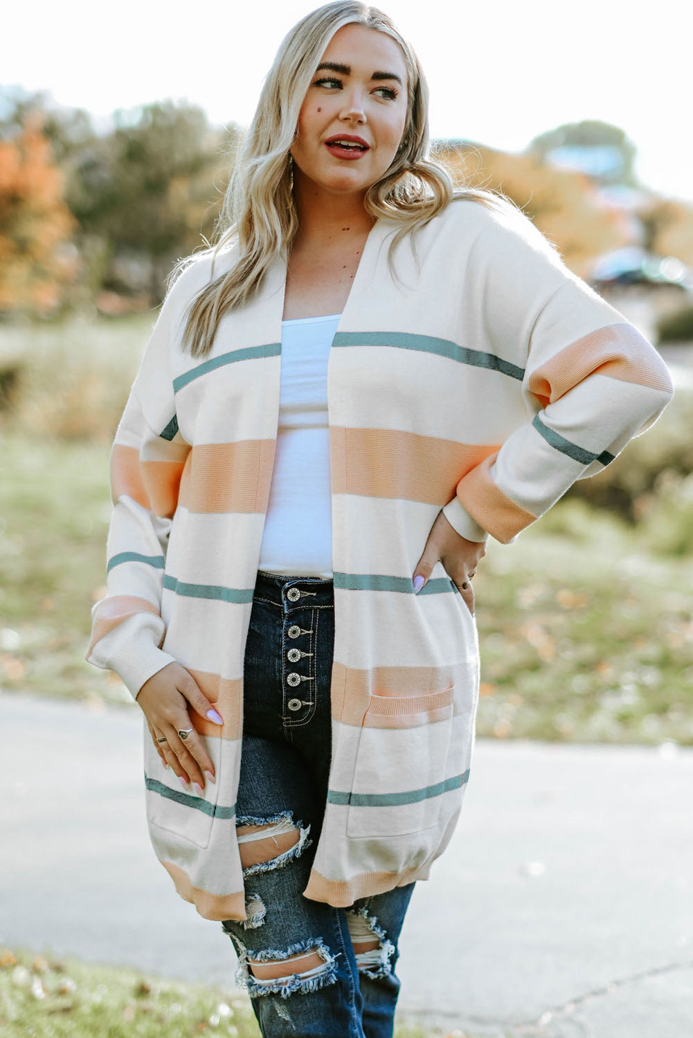 Striped Knit Side Pockets Plus Size Cardigan