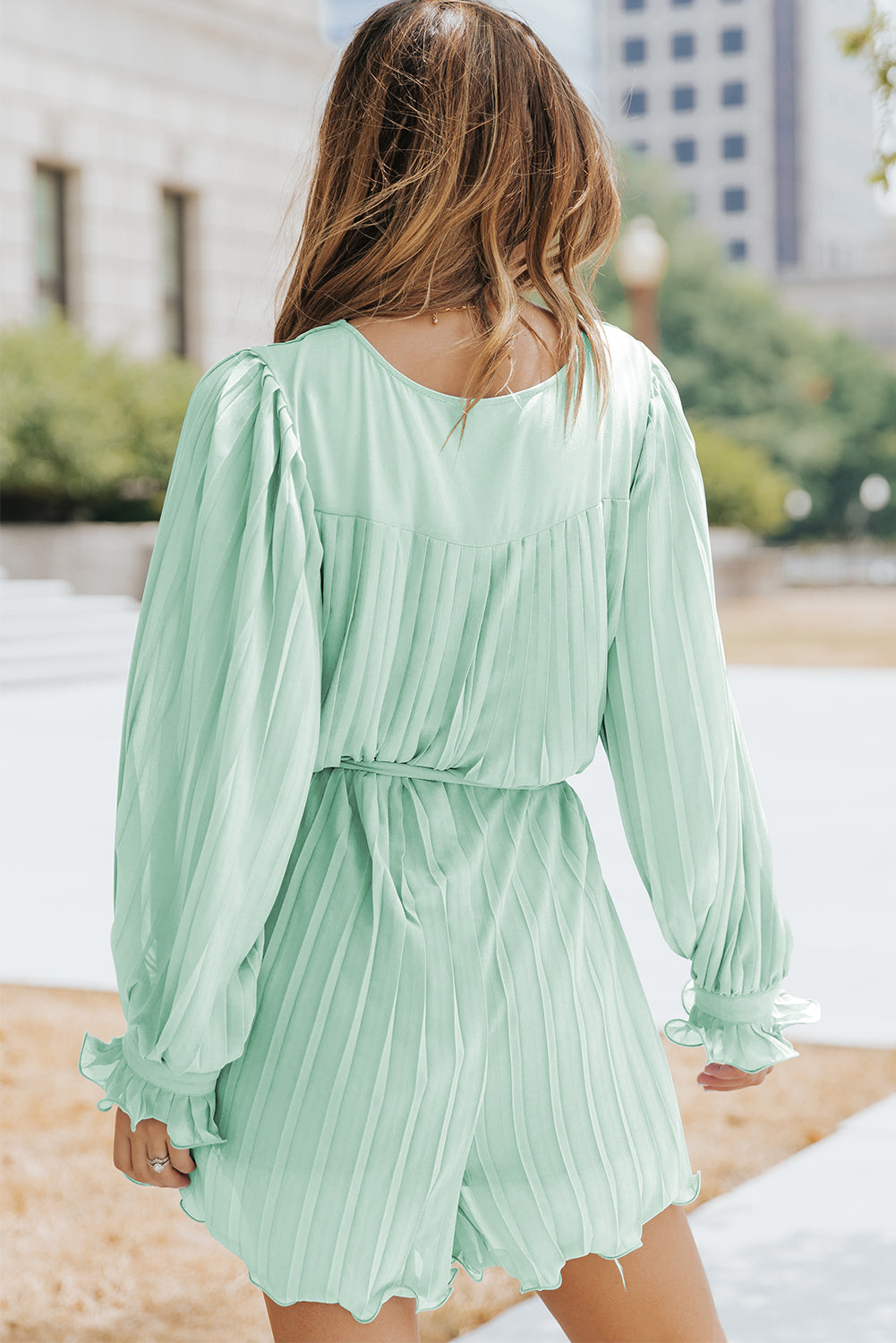 Sky Blue Pleated Ruffled Tie Waist Buttons V Neck Romper