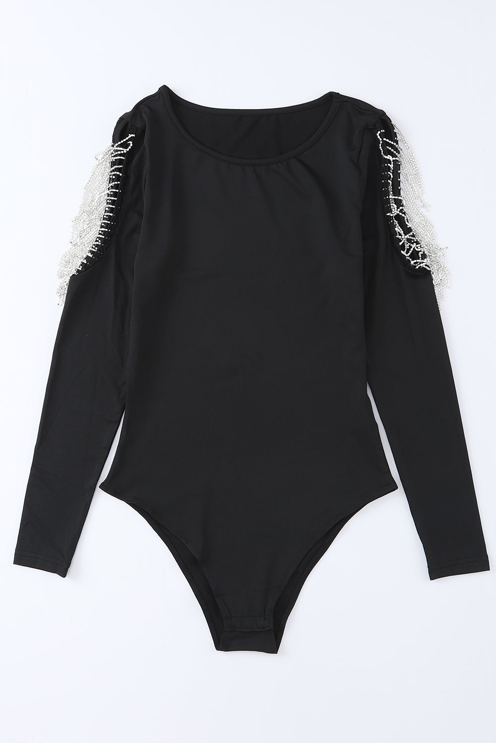 Rhinestone Fringed Cold Shoulder Long Sleeve Bodysuit