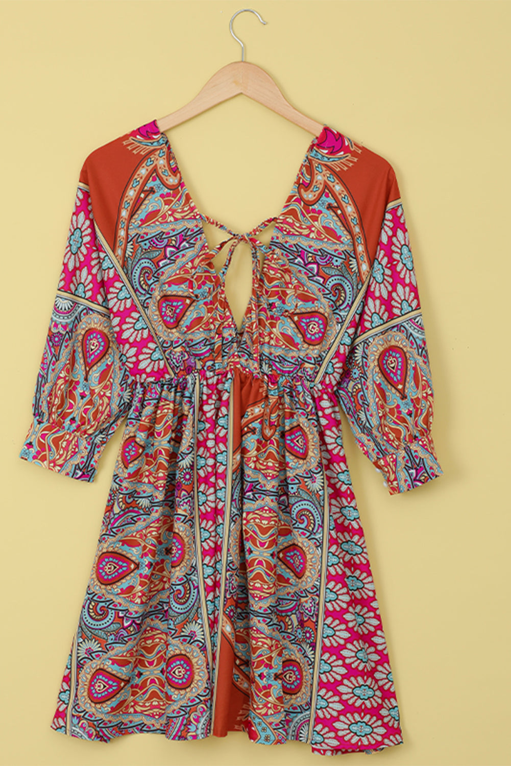 Multicolour V Neck 3/4 Sleeve Bohemian Vintage Print Mini Dress