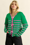 Green Stripe Ribbon Cute Bow Detail Sweater Knit Cardigan