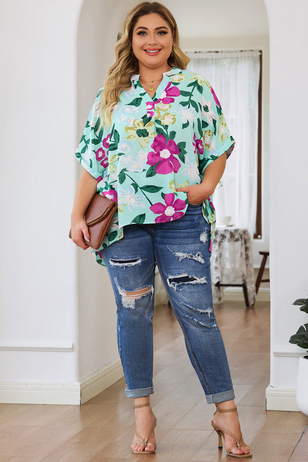 Flower Print Chest Pocket V Neck Blouse