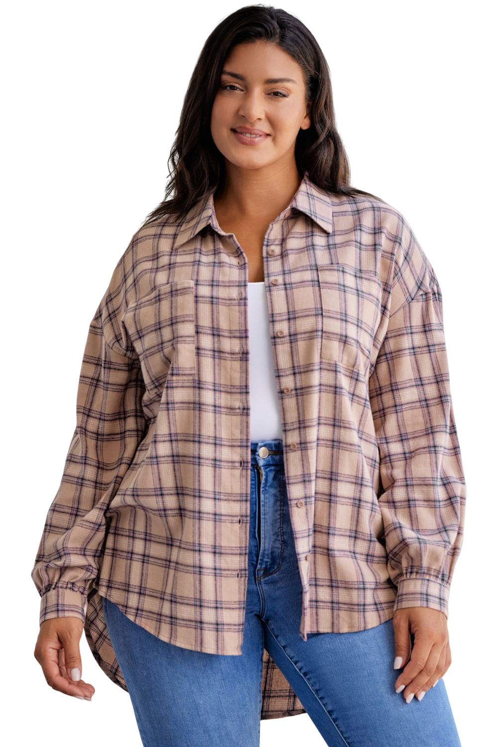 Plus Size Plaid Print Buttoned Oversized Tunic Shirt