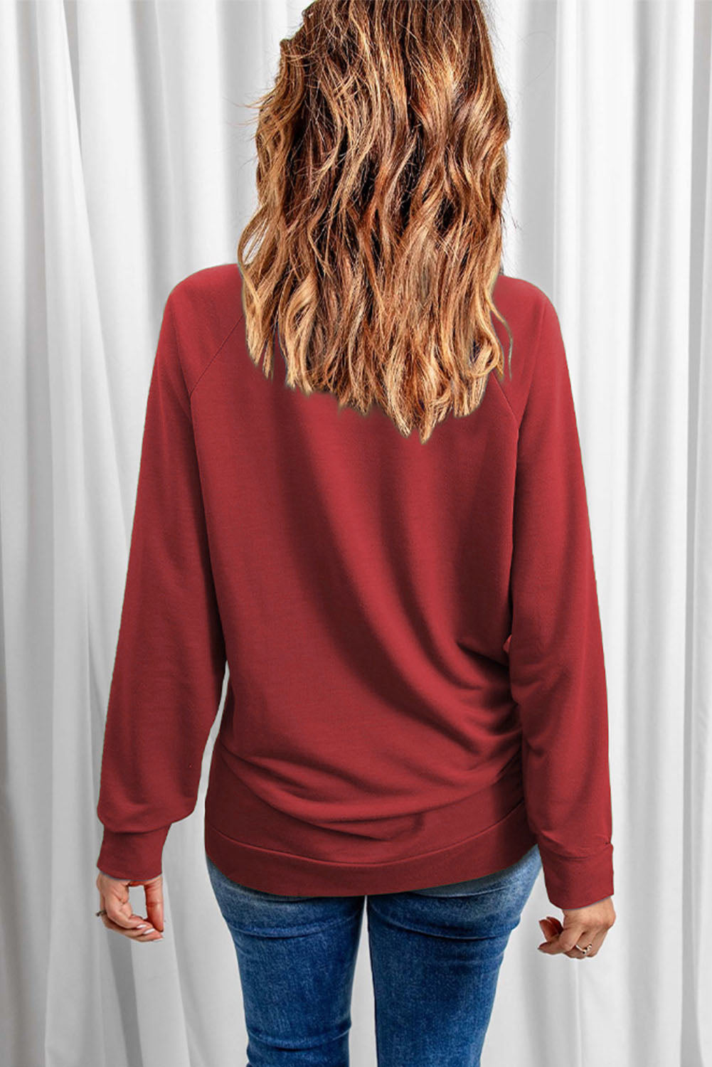 Red Solid Round Neck Raglan Sleeve Sweatshirt