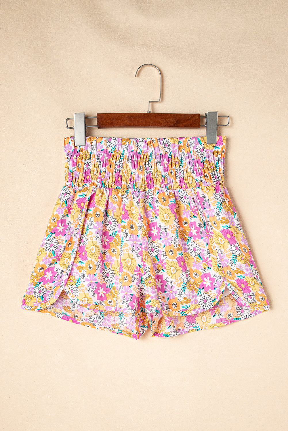 Pink Boho Floral Shirred High Waist Casual Shorts