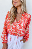 Floral Ruffled Notched V-Neck Blouse