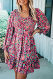 Smocked V Neck Puffy Sleeve Floral Dress