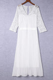 Lace Scalloped V Neck 3/4 Sleeves Pleated Tulle Plus Maxi Dress