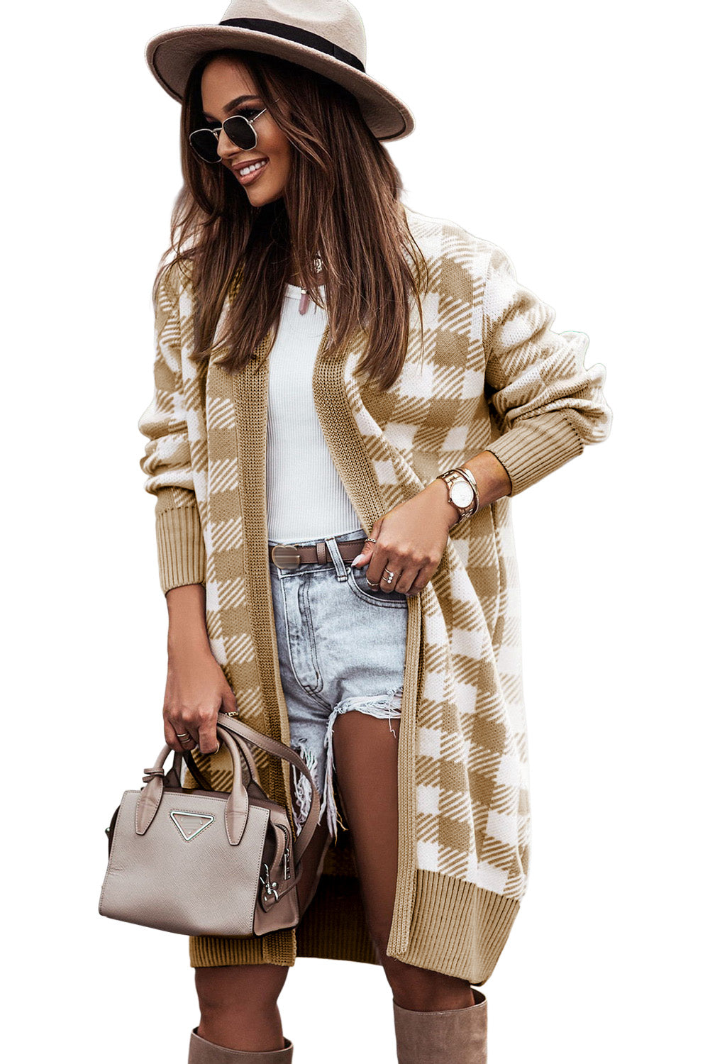 Plaid Pattern Ribbed Trim Long Cardigan