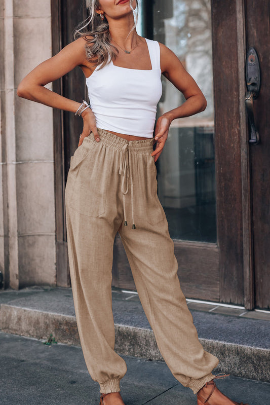 Elastic Drawstring Waistband Harem Pants with Pockets