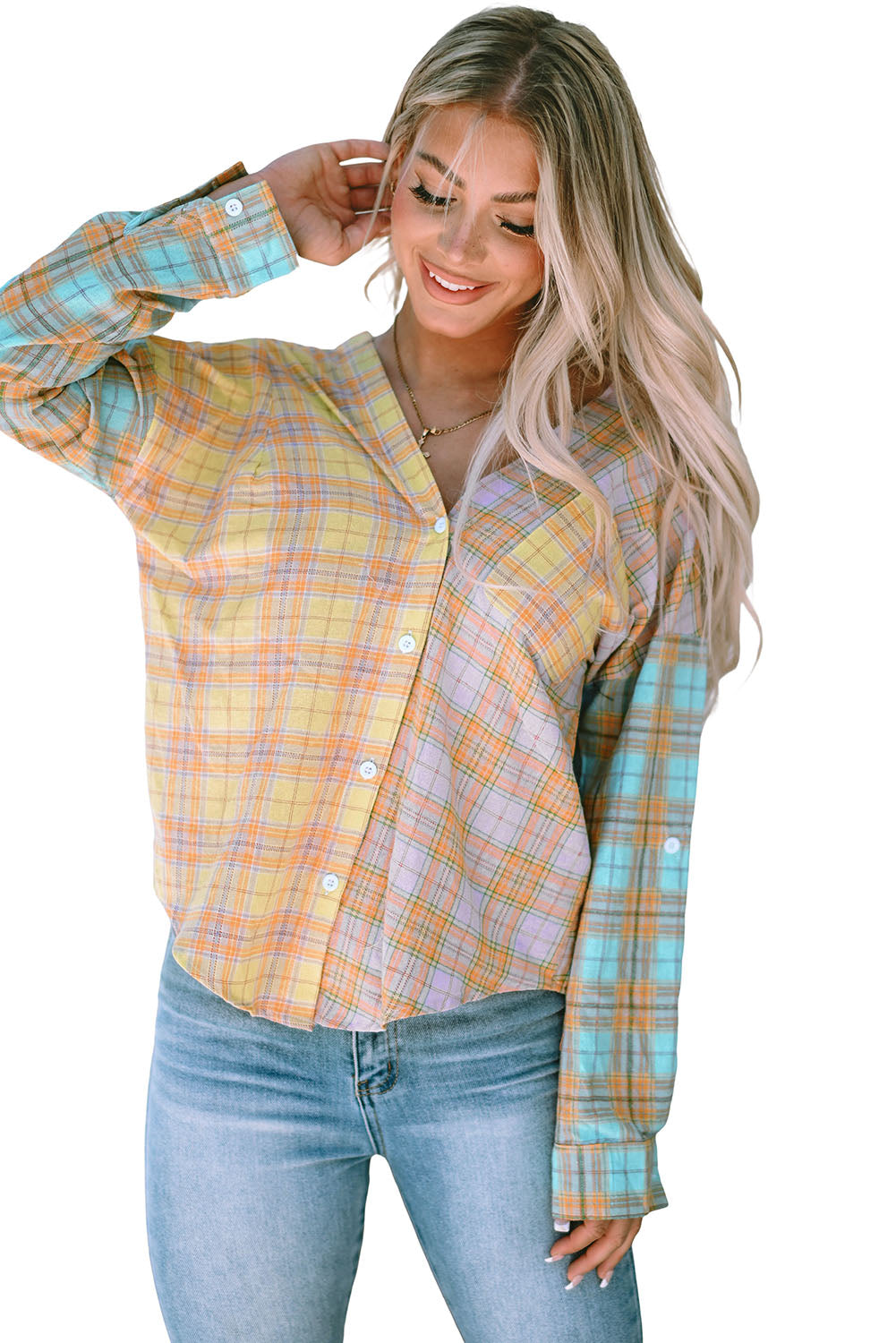 Mixed Plaid Long Sleeve V Neck Buttoned Shirt