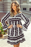 Black Boho Geometric Printed Flared Long Sleeve Mini Dress