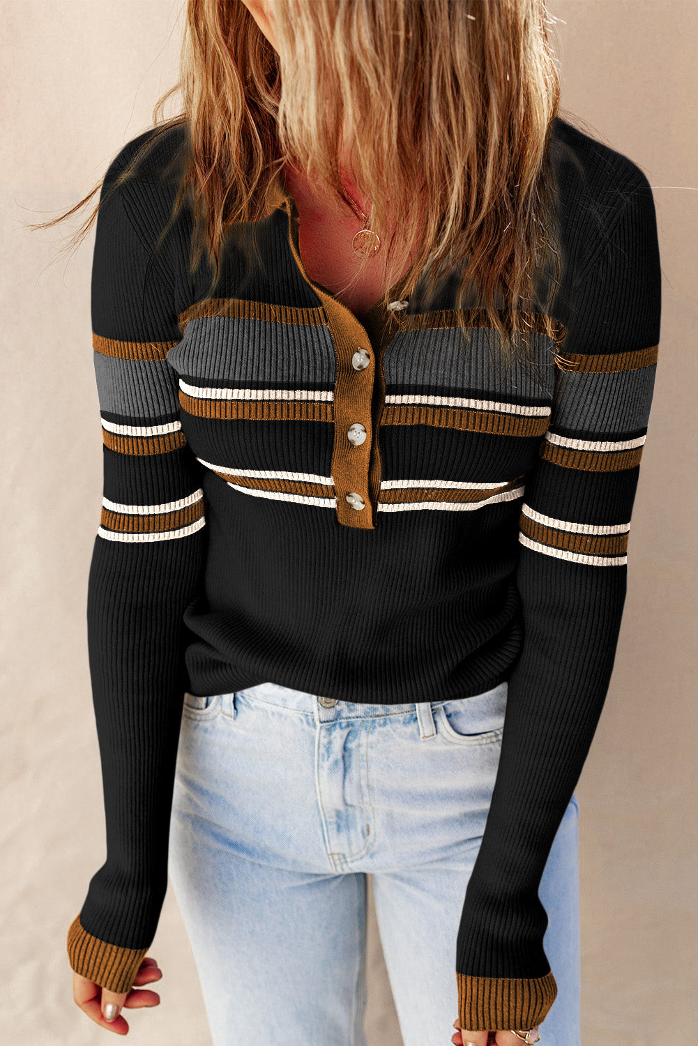 Rib Knitted Stripe Detail Henley Sweater