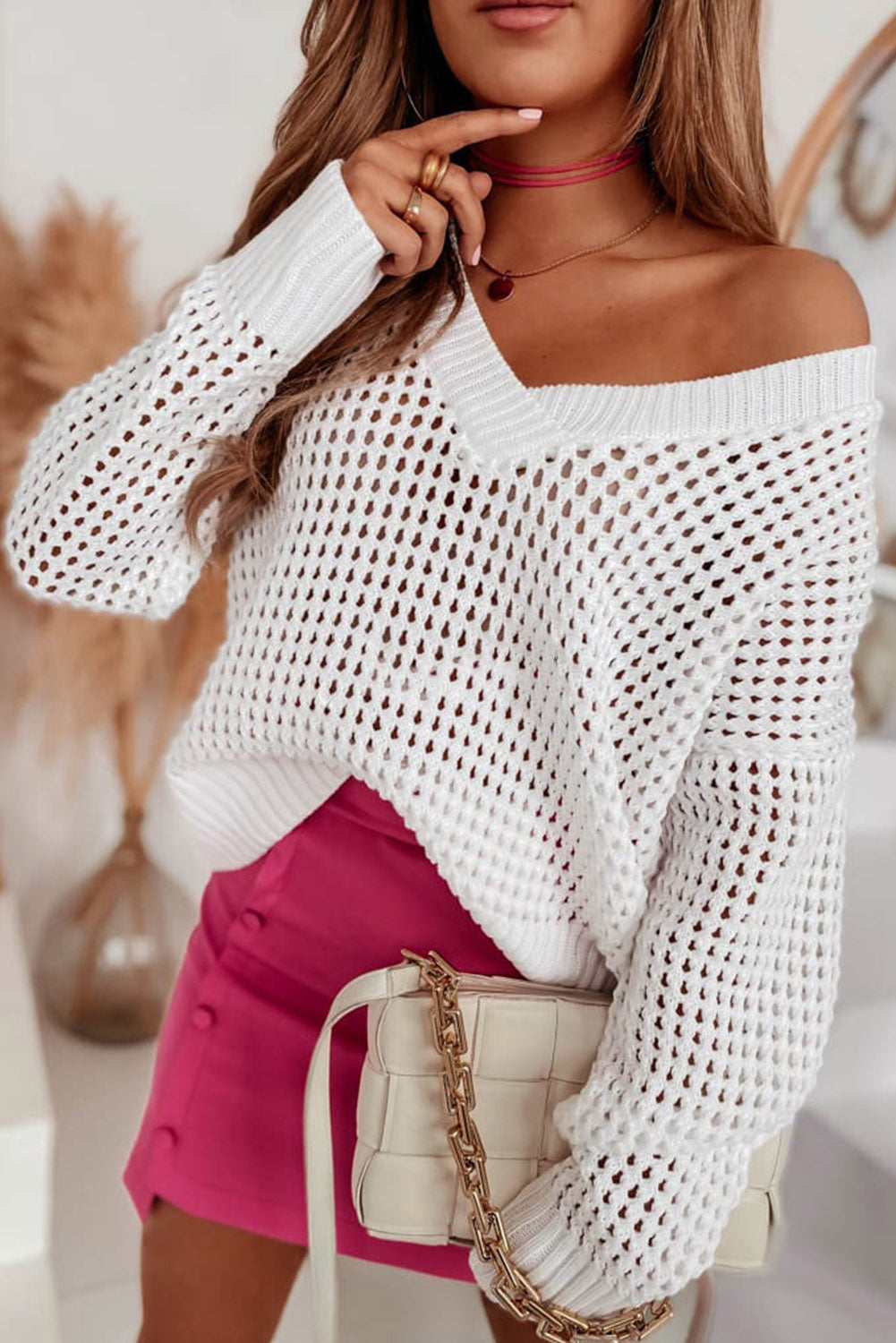 Hollow Out Knitted Loose Fit V Neck Sweater