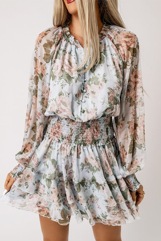 Floral Print Tiered Ruffled Shirred High Waist Mini Dress