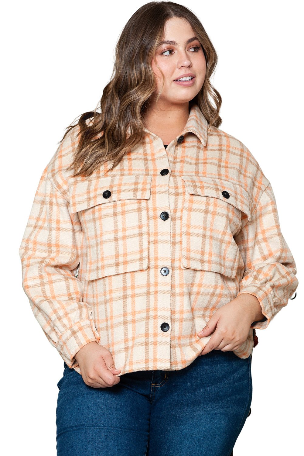 Plus Size Plaid Jacket with Flap Pockets