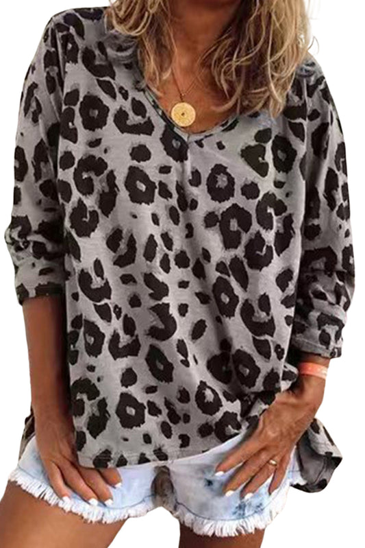 Leopard Split Joint V Neck Long Sleeve Top