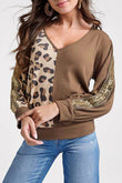 Leopard Splicing Waffle Knit V Neck Top