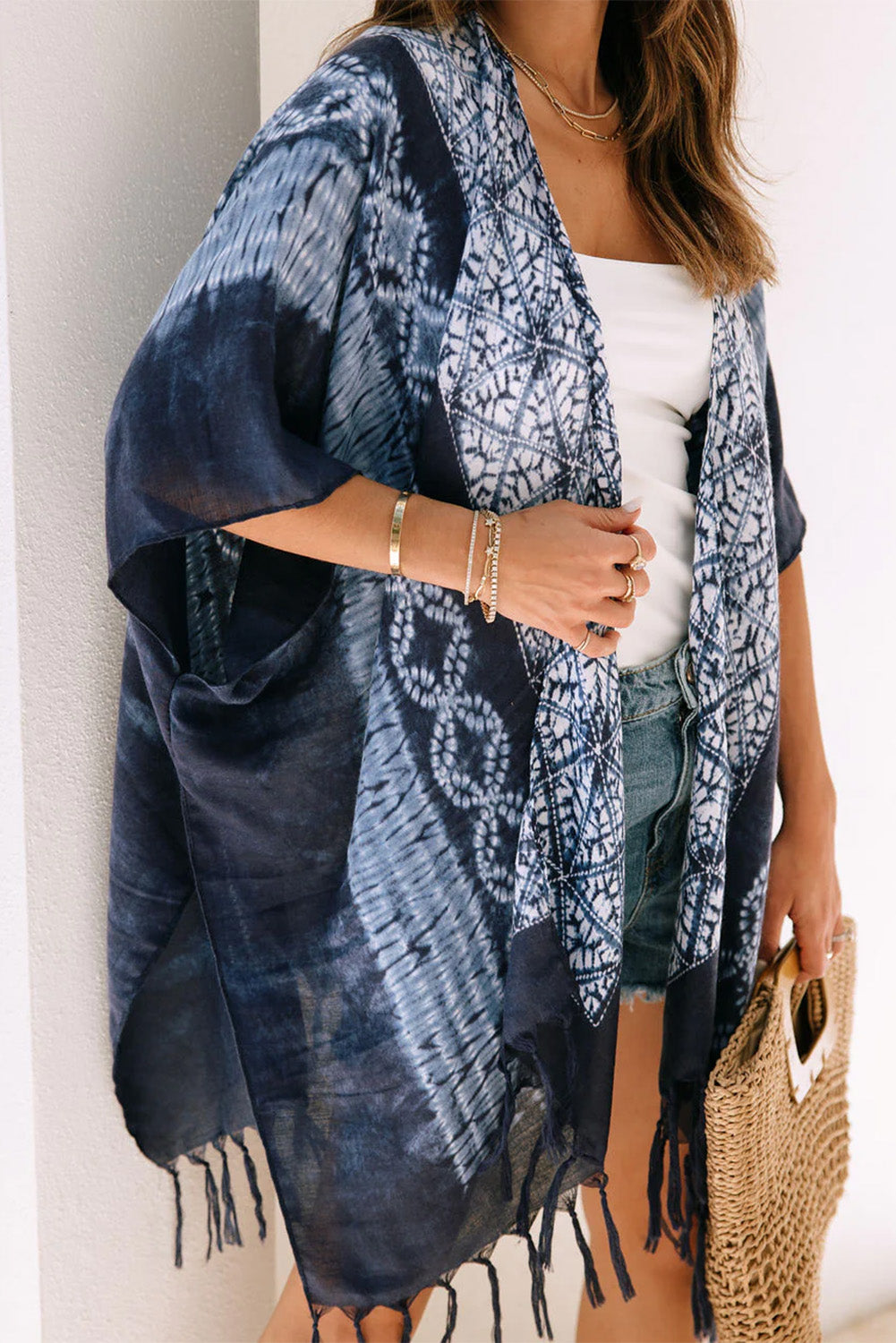 Tie Dye Short Sleeves Tassels Kimono