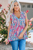 Rose Red Boho Pattern Print Flounce V Neck Tank Top