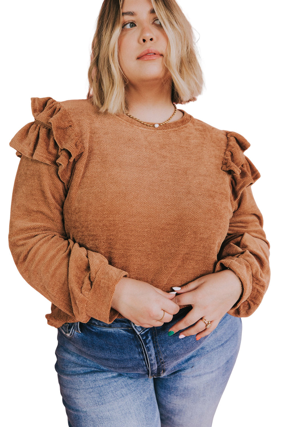 Plus Size Solid Ruffled Tiered Long Sleeve Top